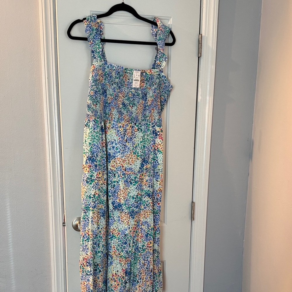 J. Crew Blue Floral Smocked Maxi Dress with Multicolor Print